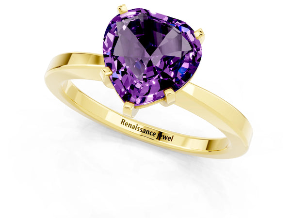Yellow gold Heart Cut Amethyst Solitaire Engagement Ring with Classic Band and Four-Prong Setting