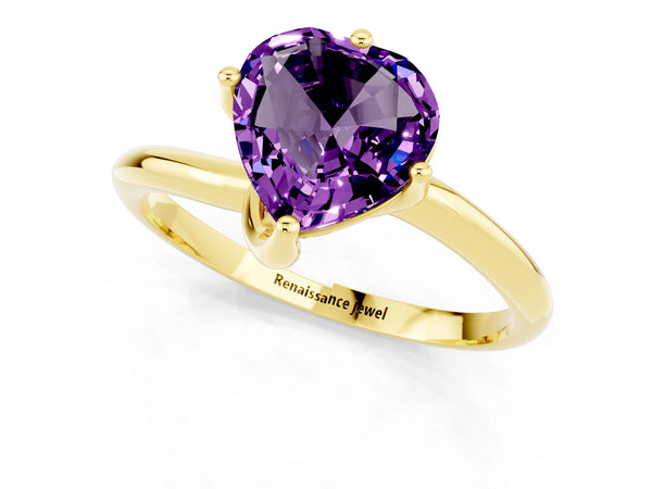 Yellow gold Heart Cut Amethyst Solitaire Engagement Ring with Four-Prong Setting and Classic Band