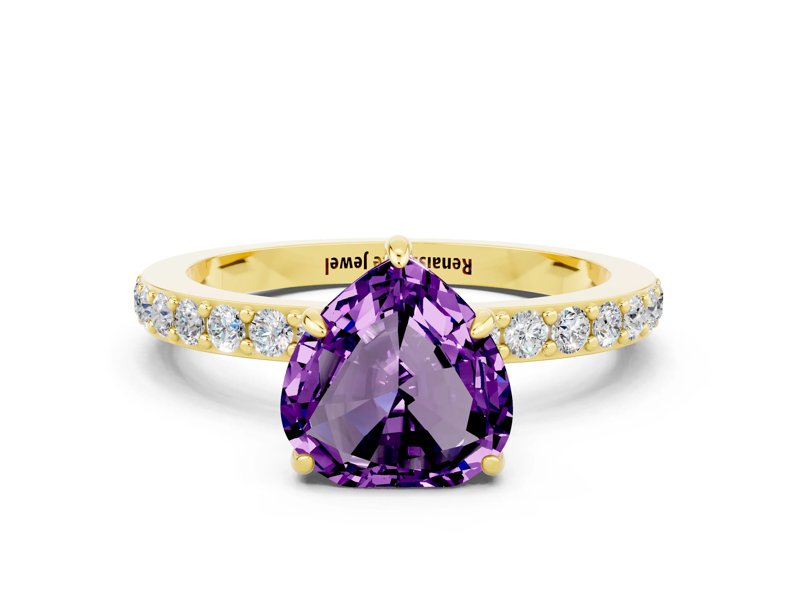 Yellow gold Heart Cut Amethyst Solitaire Engagement Ring with Pavé Band and Four-Prong Setting