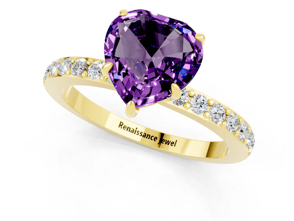 Yellow gold Heart Cut Amethyst Solitaire Engagement Ring with Pavé Band and Four-Prong Setting