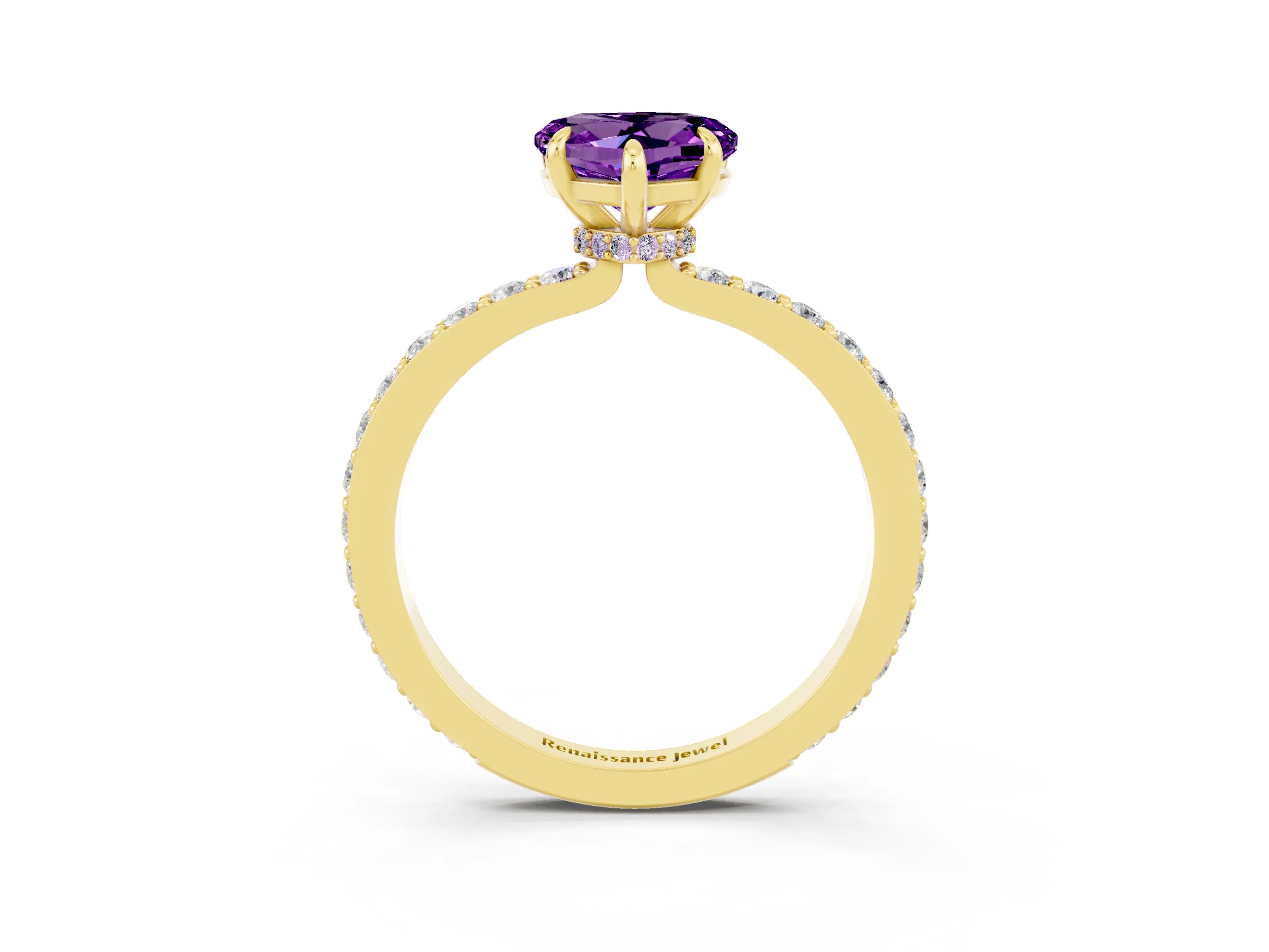 Yellow gold Heart Cut Amethyst Solitaire Engagement Ring with Pavé Band and Four-Prong Setting_3