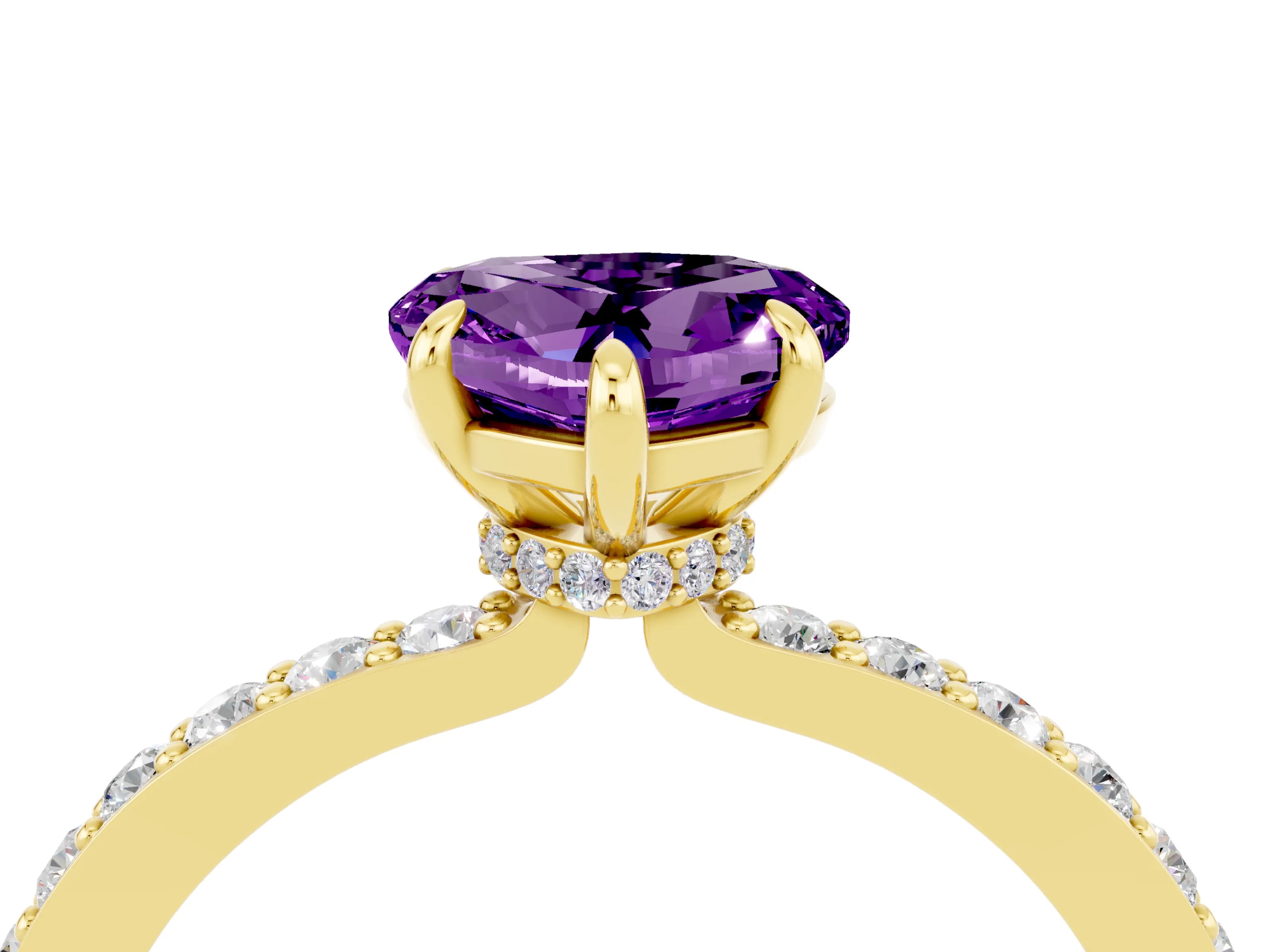 Yellow gold Heart Cut Amethyst Solitaire Engagement Ring with Pavé Band and Four-Prong Setting_4
