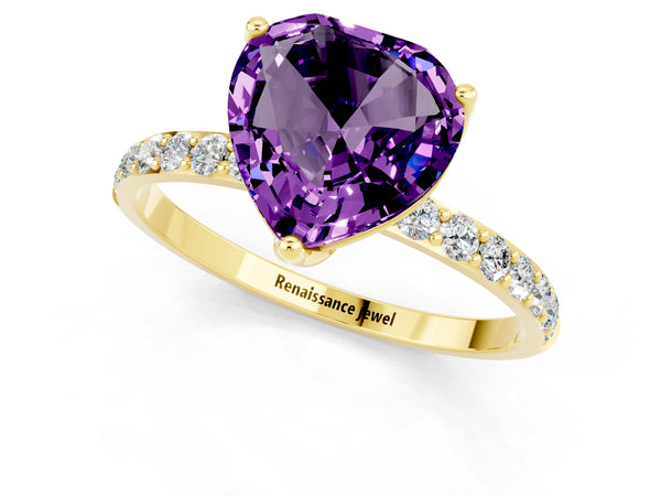 Yellow gold Heart Cut Amethyst Solitaire Engagement Ring with Round  Pavé Band and Prong Setting