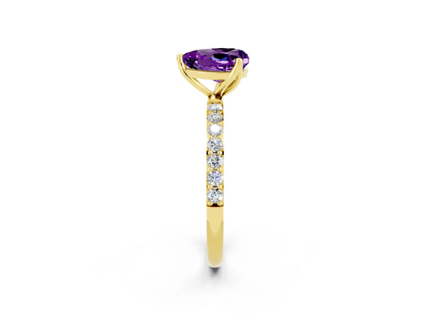 Yellow gold Heart Cut Amethyst Solitaire Engagement Ring with Round  Pavé Band and Prong Setting