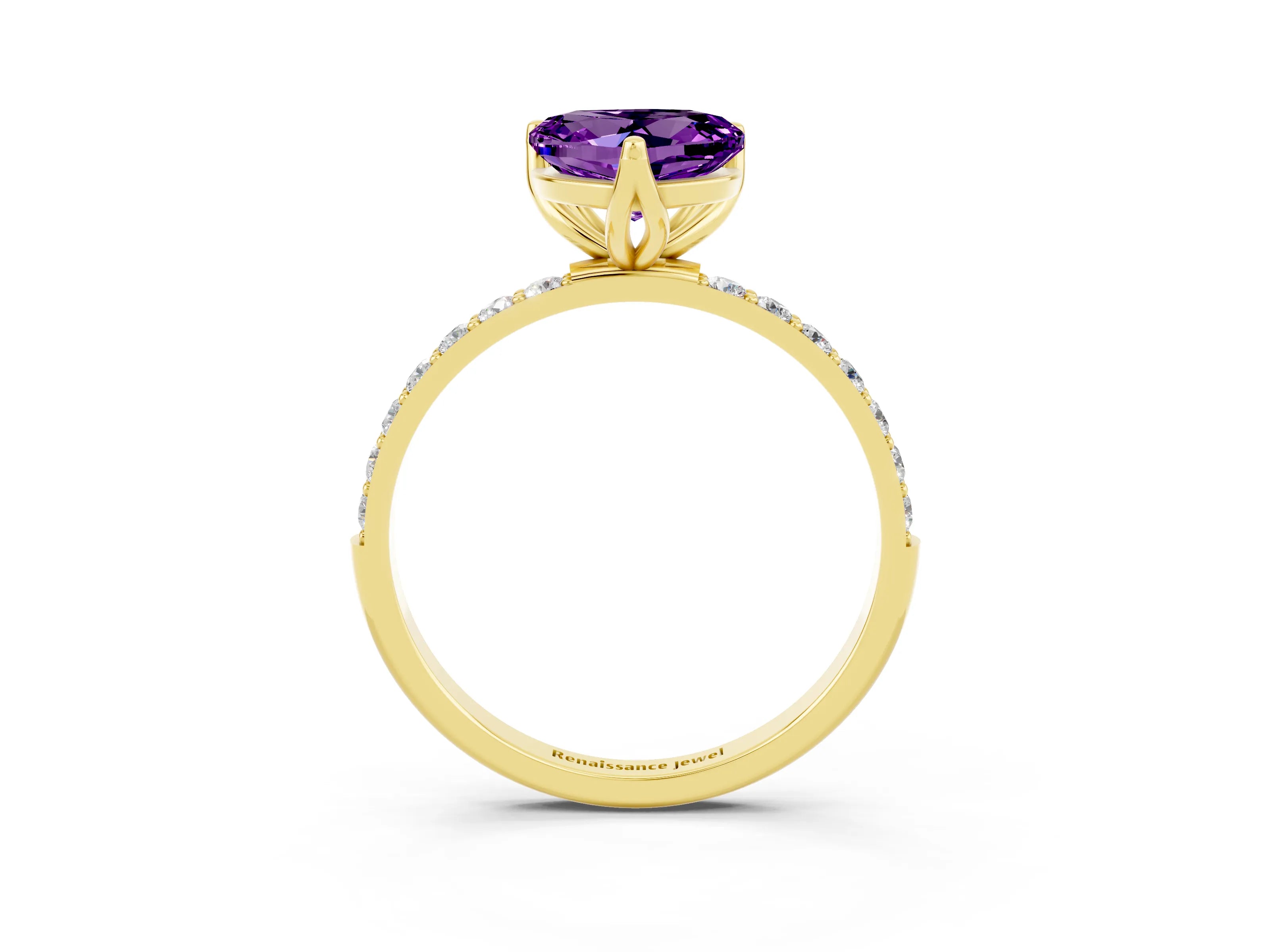 Yellow gold Heart Cut Amethyst Solitaire Engagement Ring with Pavé Band and Prong Setting_3