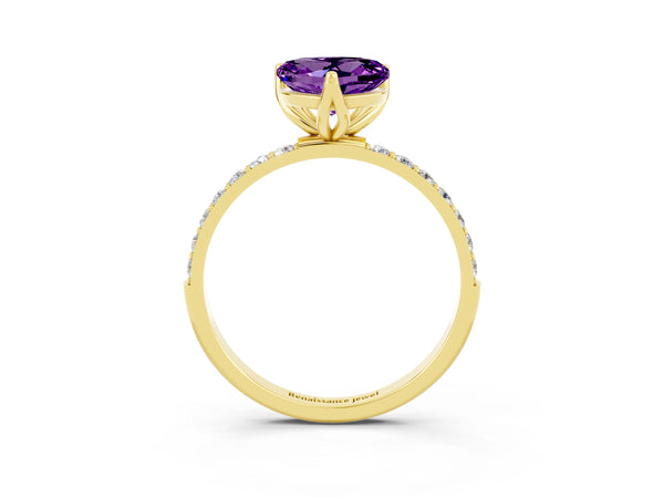 Yellow gold Heart Cut Amethyst Solitaire Engagement Ring with Round  Pavé Band and Prong Setting