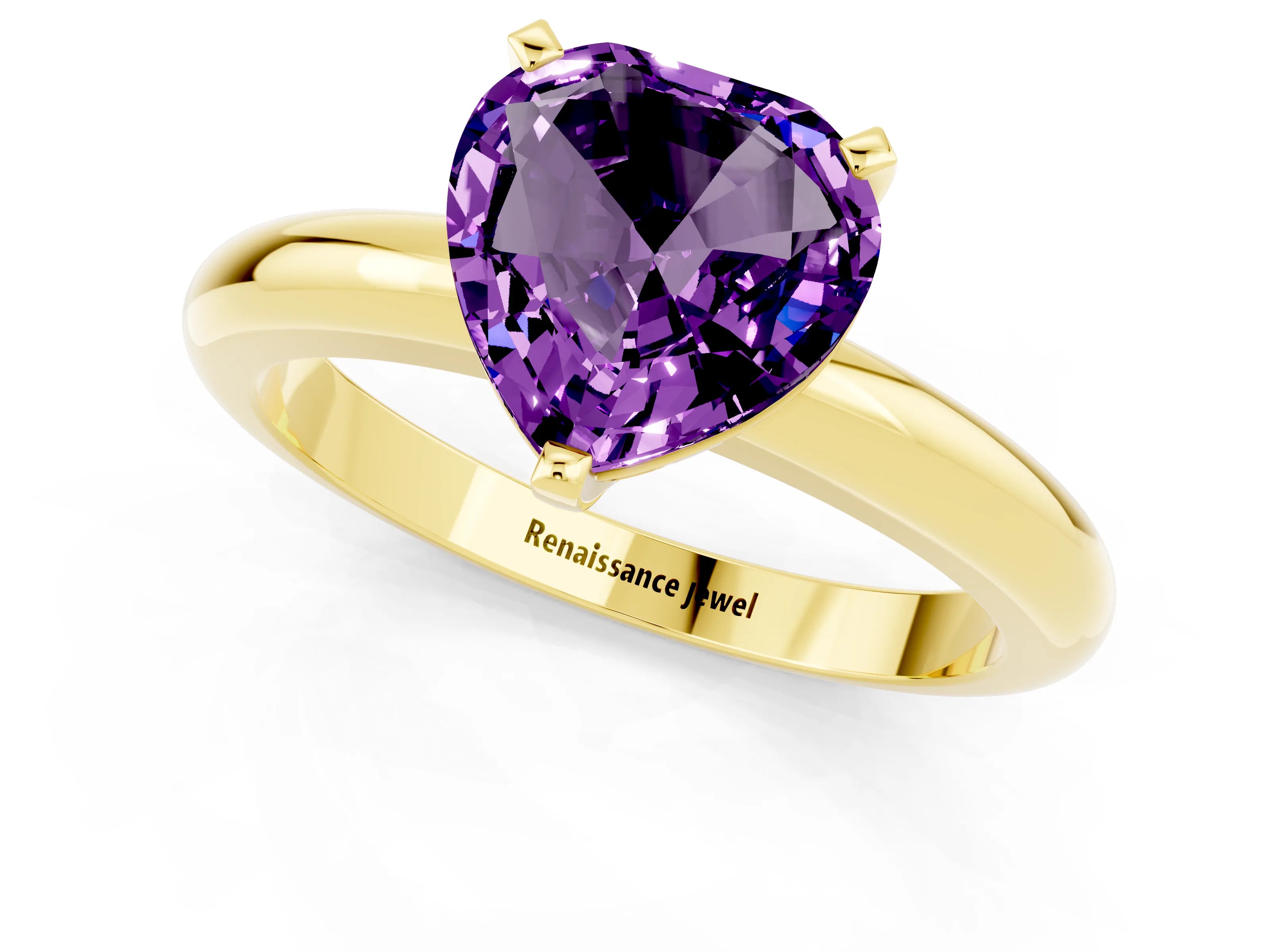 Yellow gold Heart Cut Amethyst Solitaire Engagement Ring with Round Band and Four-Prong Setting_1
