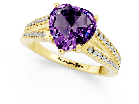Yellow gold Heart Cut Amethyst Solitaire Engagement Ring with Split Shank Pavé Band_1