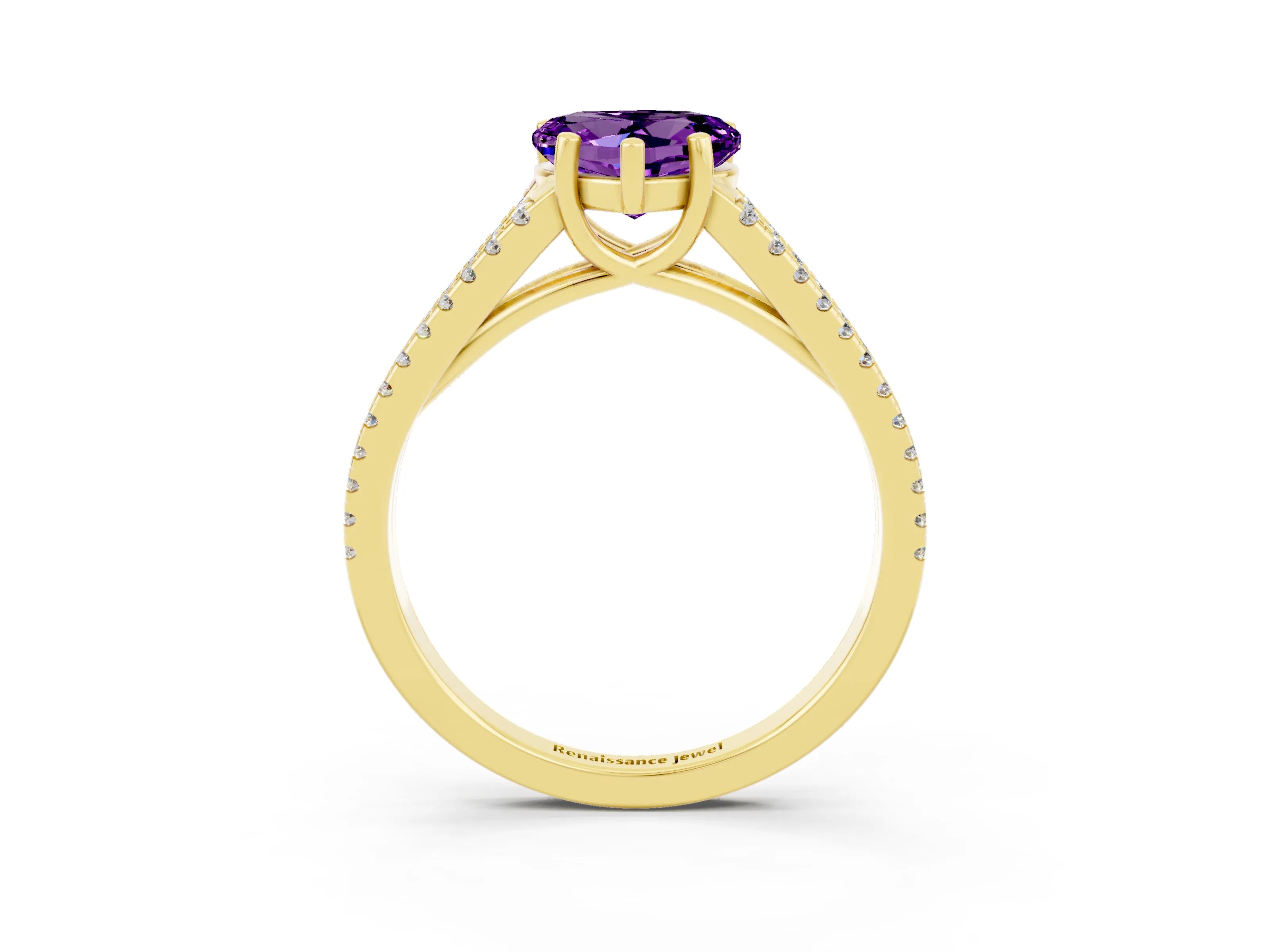 Yellow gold Heart Cut Amethyst Solitaire Engagement Ring with Split Shank Pavé Band_3