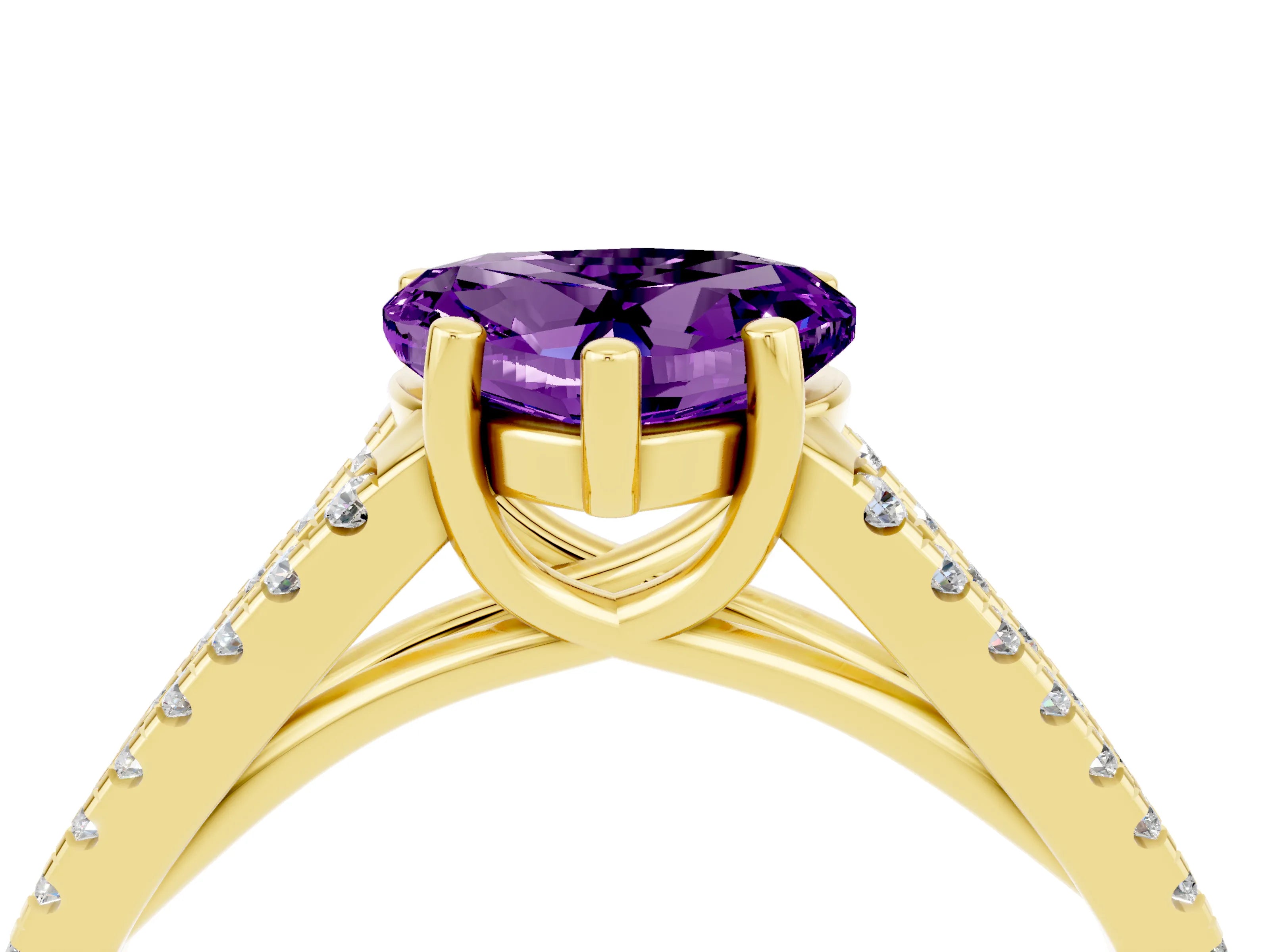 Yellow gold Heart Cut Amethyst Solitaire Engagement Ring with Split Shank Pavé Band_4