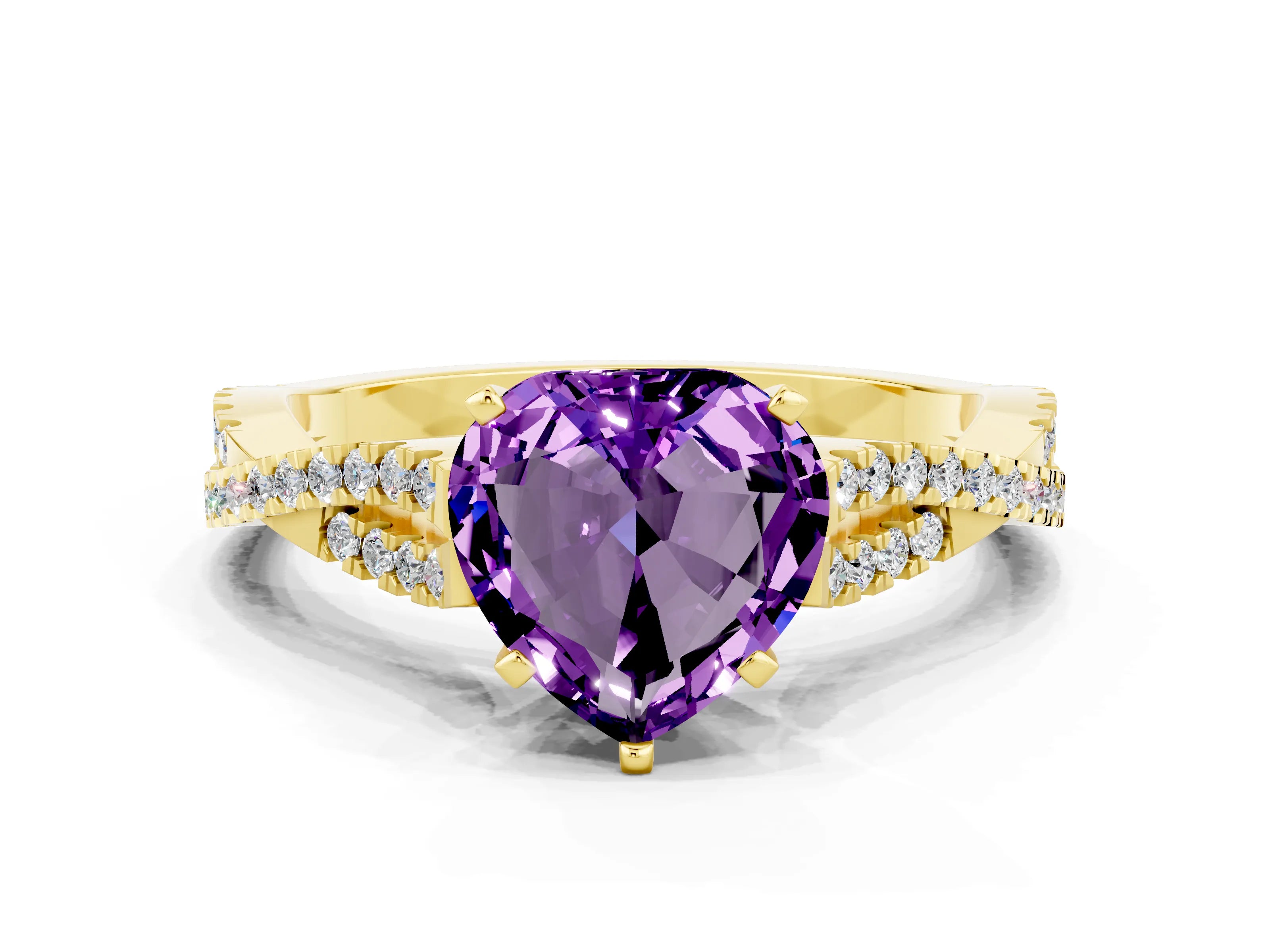Yellow gold Heart Cut Amethyst Solitaire Engagement Ring with Twisted Pavé Band and Four-Prong Setting_12