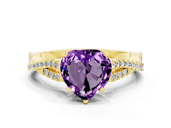 Yellow gold Heart Cut Amethyst Solitaire Engagement Ring with Twisted Pavé Band and Four-Prong Setting