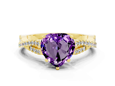 Yellow gold Heart Cut Amethyst Solitaire Engagement Ring with Twisted Pavé Band and Four-Prong Setting_12