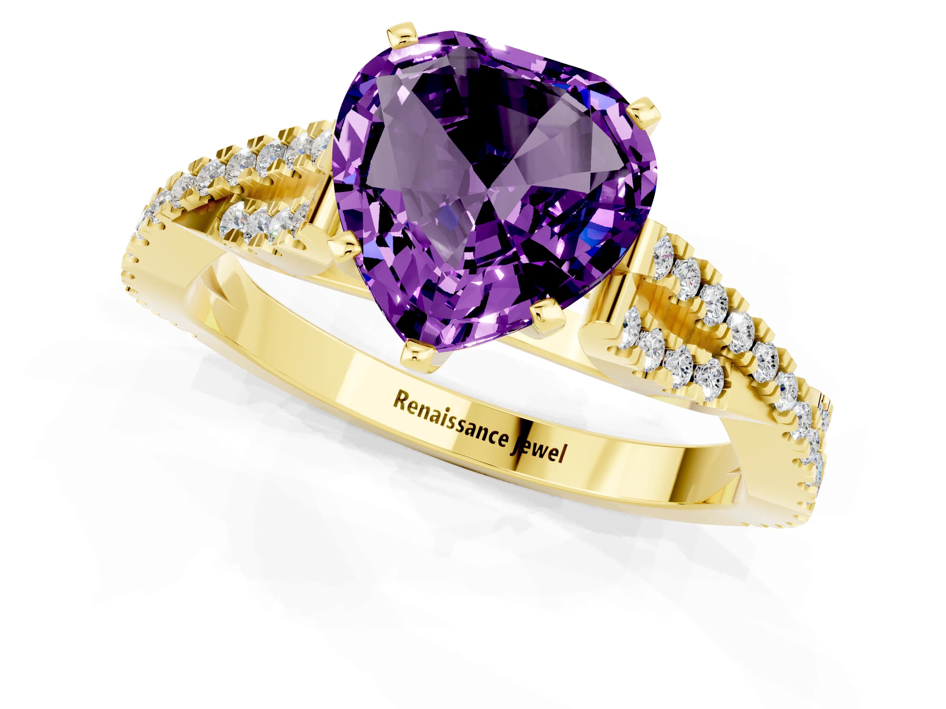 Yellow gold Heart Cut Amethyst Solitaire Engagement Ring with Twisted Pavé Band and Four-Prong Setting_13