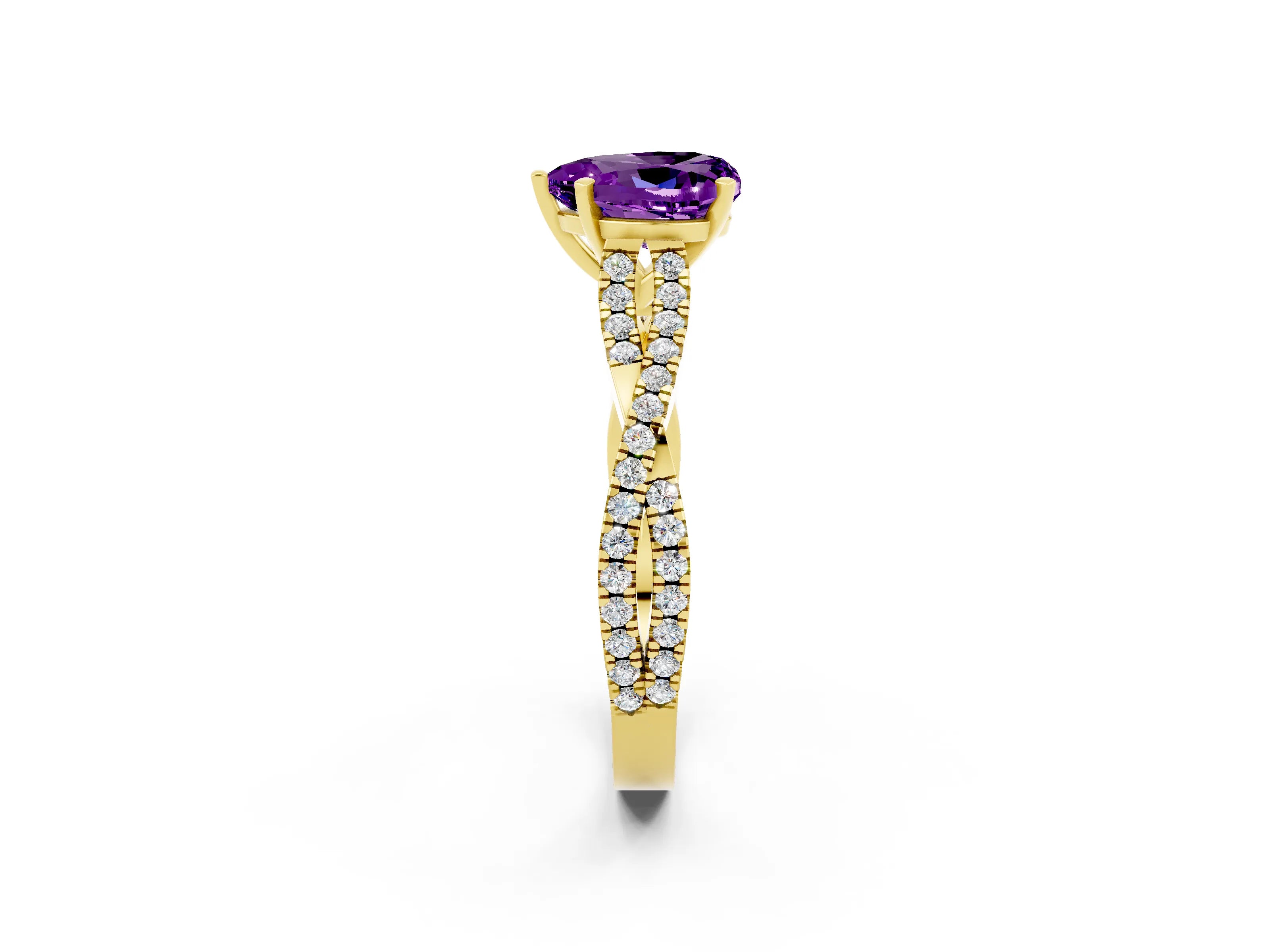 Yellow gold Heart Cut Amethyst Solitaire Engagement Ring with Twisted Pavé Band and Four-Prong Setting_14