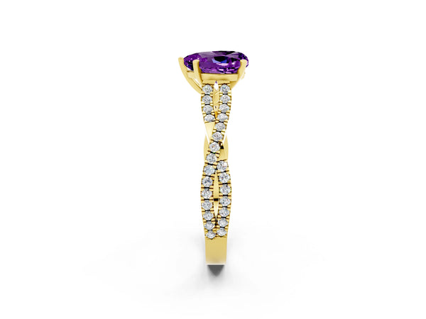 Yellow gold Heart Cut Amethyst Solitaire Engagement Ring with Twisted Pavé Band and Four-Prong Setting