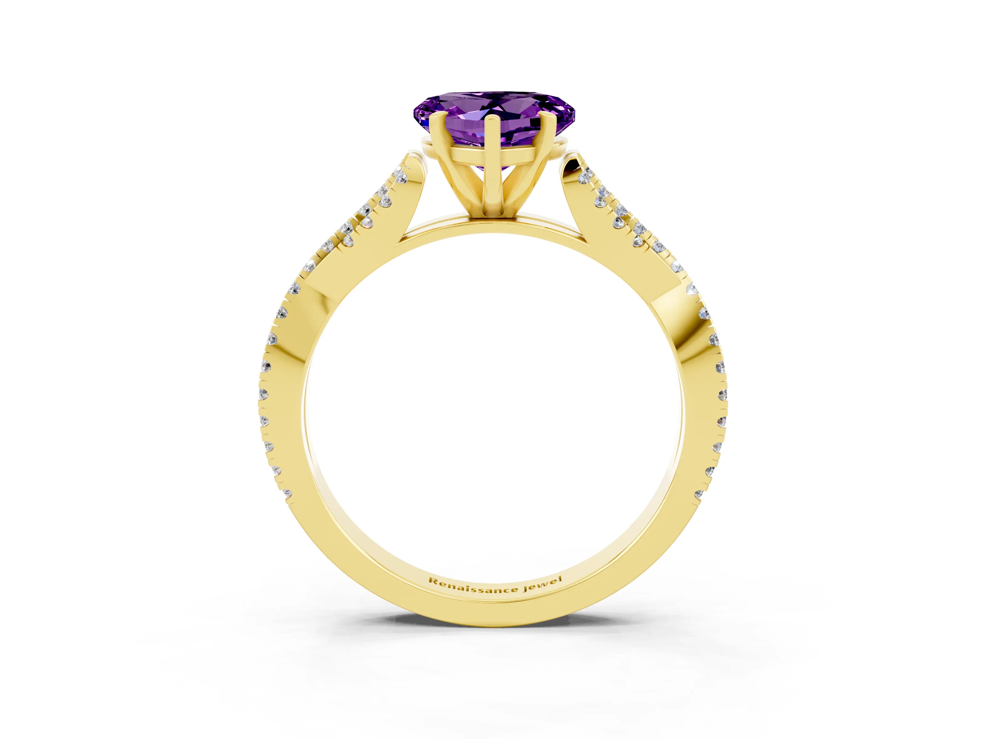 Yellow gold Heart Cut Amethyst Solitaire Engagement Ring with Twisted Pavé Band and Four-Prong Setting_15