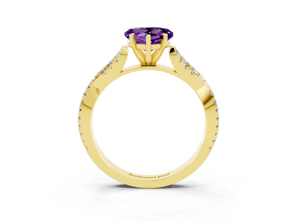 Yellow gold Heart Cut Amethyst Solitaire Engagement Ring with Twisted Pavé Band and Four-Prong Setting