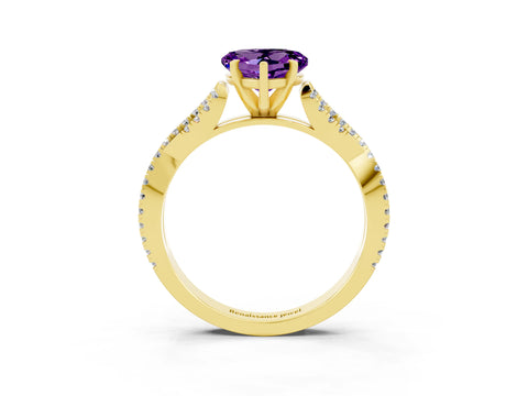Yellow gold Heart Cut Amethyst Solitaire Engagement Ring with Twisted Pavé Band and Four-Prong Setting_15