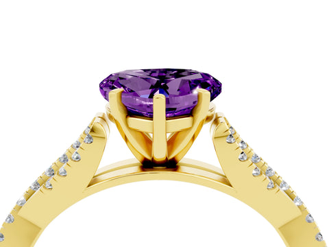 Yellow gold Heart Cut Amethyst Solitaire Engagement Ring with Twisted Pavé Band and Four-Prong Setting_16