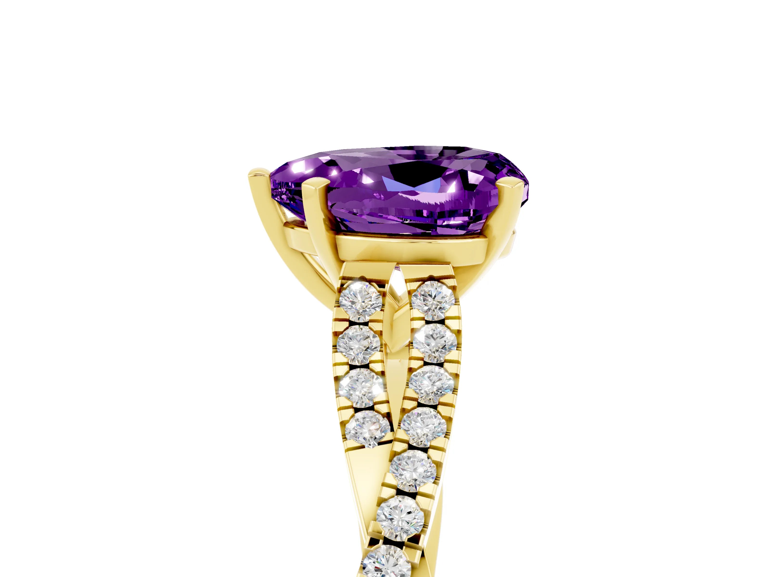 Yellow gold Heart Cut Amethyst Solitaire Engagement Ring with Twisted Pavé Band and Four-Prong Setting_17