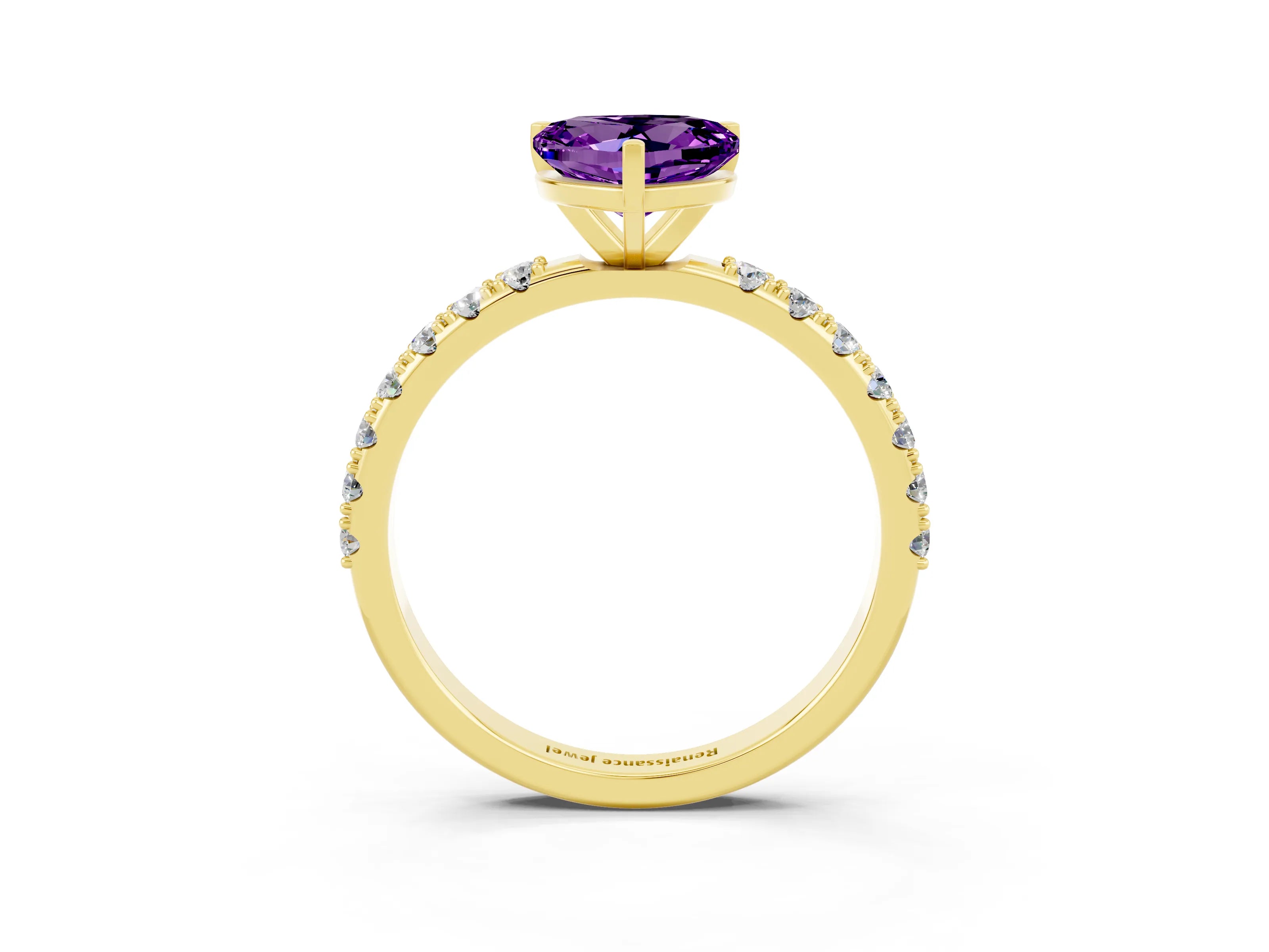 Yellow gold Heart Cut Amethyst Solitaire Pavé Band with Four-Prong Setting_3