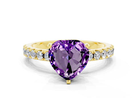 Yellow gold Heart Cut Amethyst Solitaire Pavé Band with Four-Prong Setting