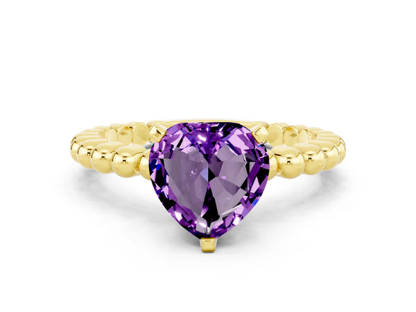 Yellow gold Heart Cut Amethyst Solitaire Ring with Beaded Band and Prong Setting