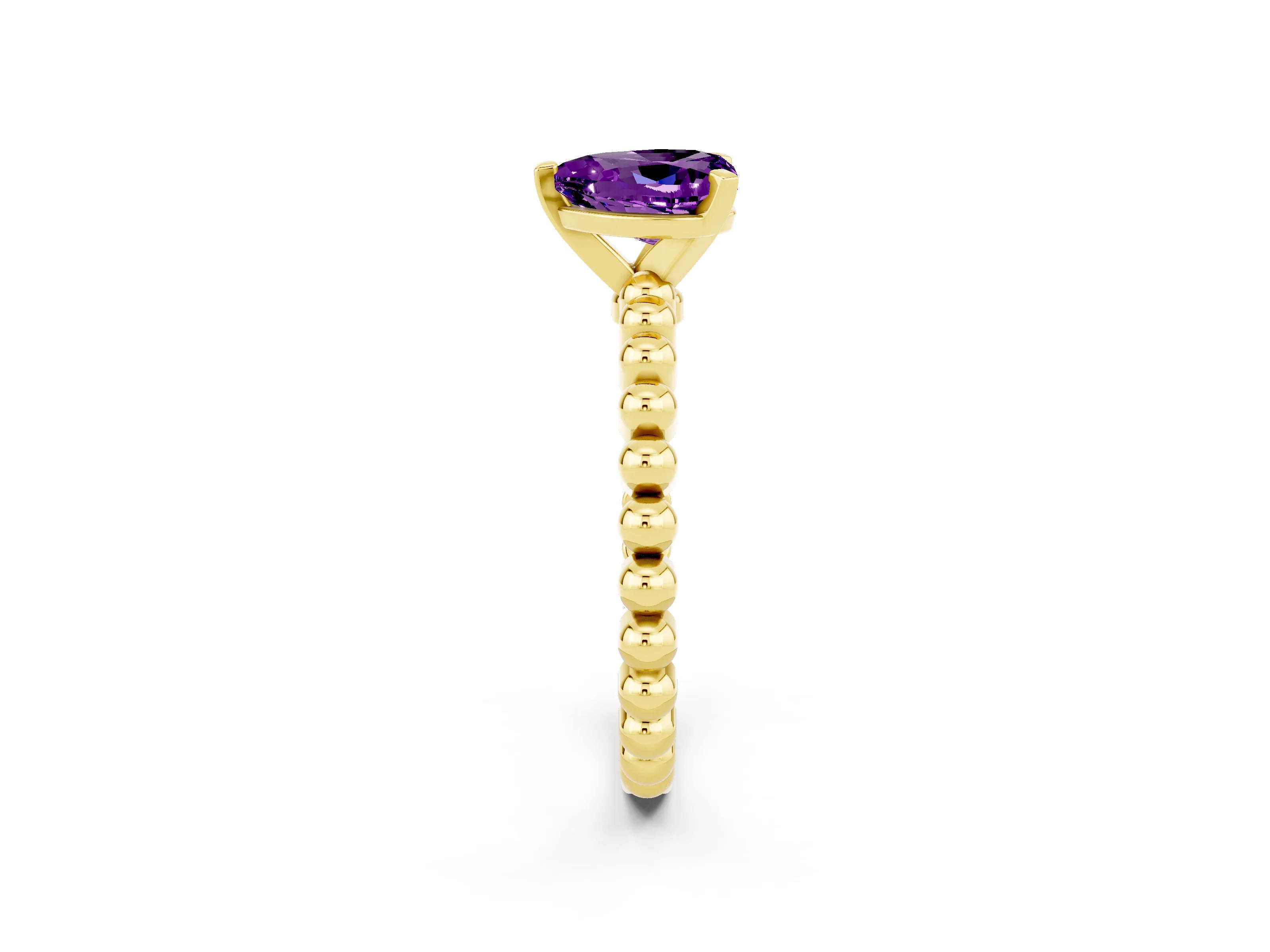 Yellow gold Heart Cut Amethyst Solitaire Ring with Beaded Band and Prong Setting_2