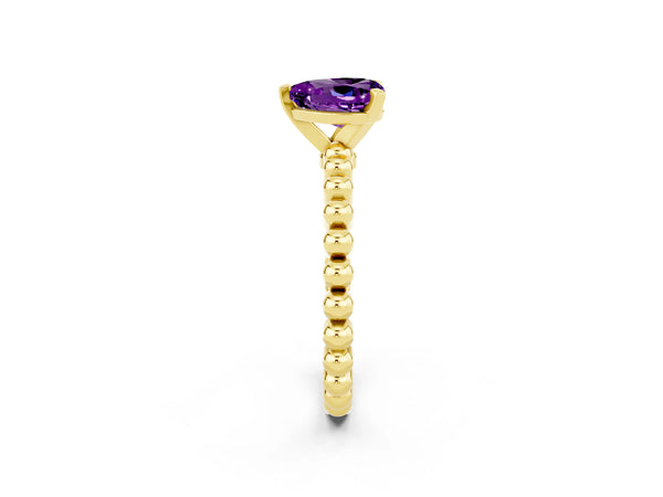 Yellow gold Heart Cut Amethyst Solitaire Ring with Beaded Band and Prong Setting