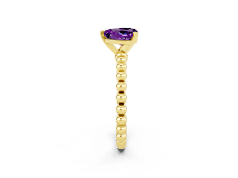 Yellow gold Heart Cut Amethyst Solitaire Ring with Beaded Band and Prong Setting_2