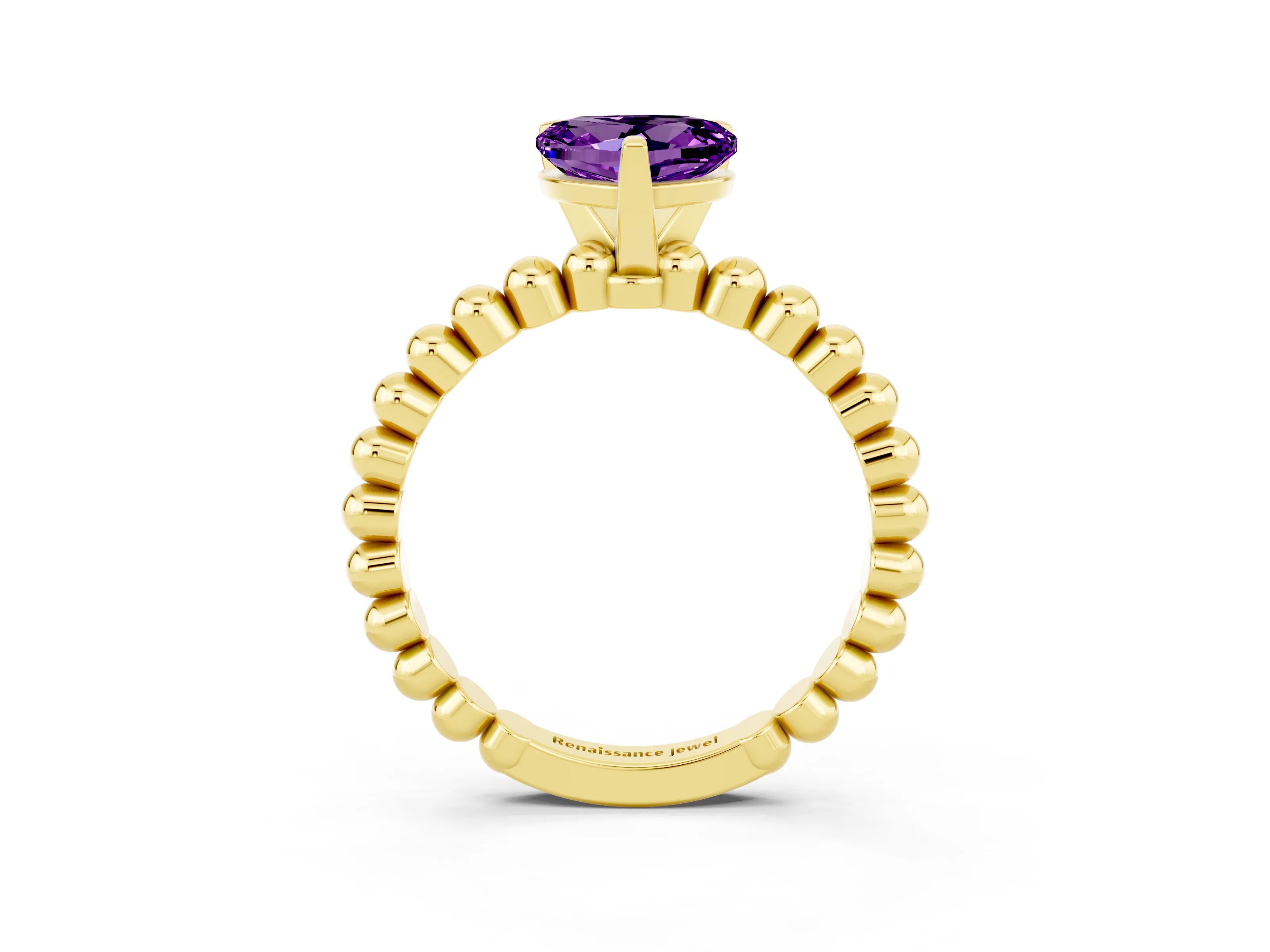 Yellow gold Heart Cut Amethyst Solitaire Ring with Beaded Band and Prong Setting_3
