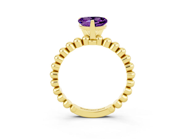 Yellow gold Heart Cut Amethyst Solitaire Ring with Beaded Band and Prong Setting