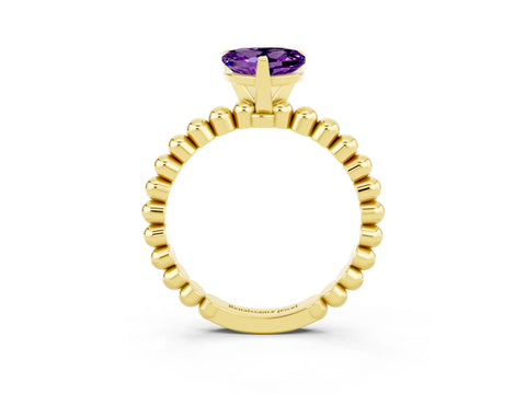 Yellow gold Heart Cut Amethyst Solitaire Ring with Beaded Band and Prong Setting_3