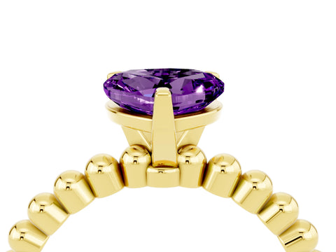 Yellow gold Heart Cut Amethyst Solitaire Ring with Beaded Band and Prong Setting_4