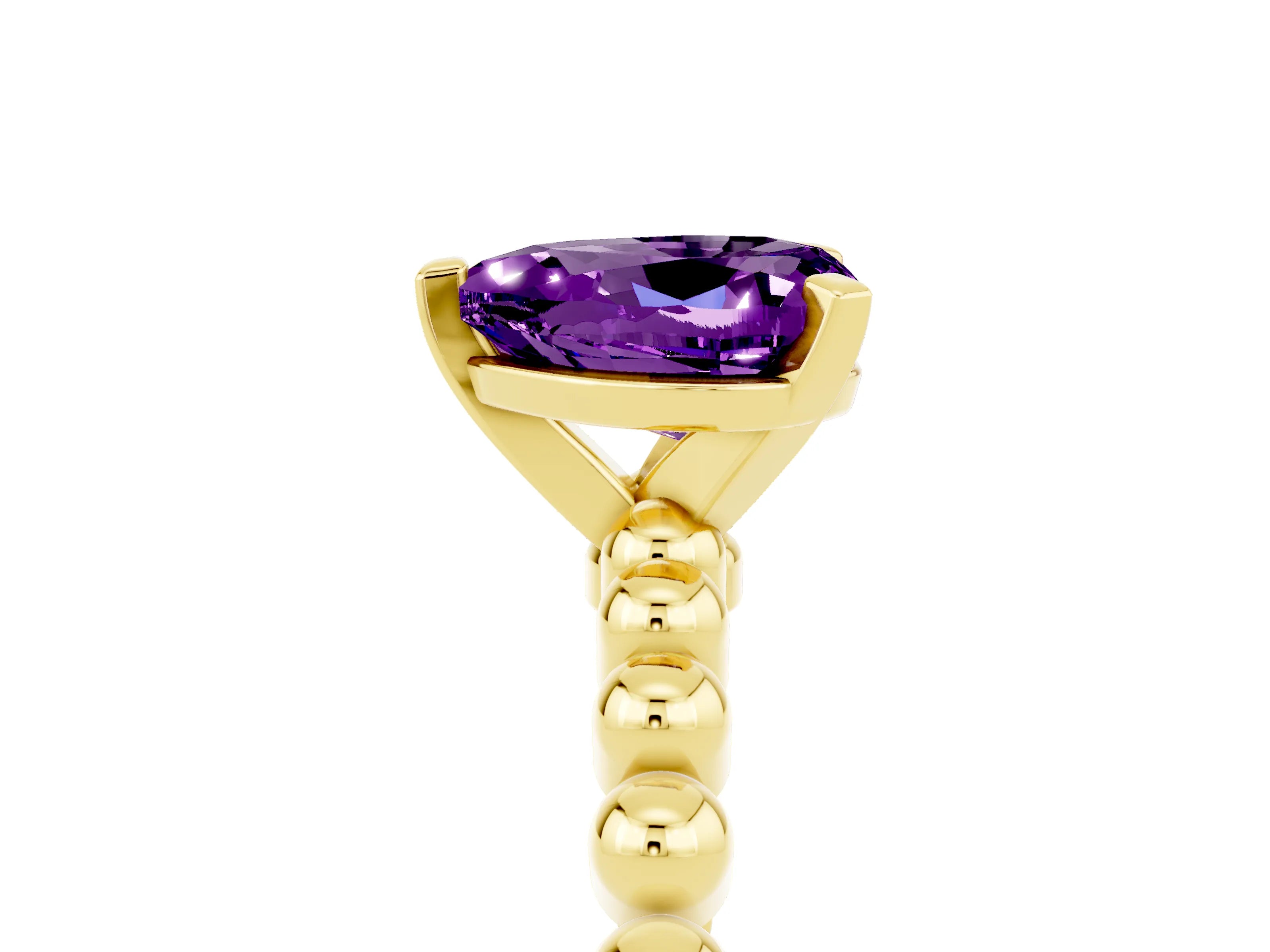 Yellow gold Heart Cut Amethyst Solitaire Ring with Beaded Band and Prong Setting_5