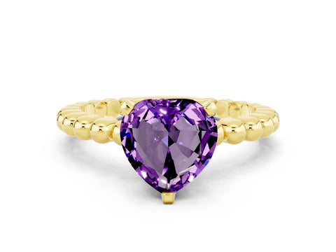 Yellow gold Heart Cut Amethyst Solitaire Ring with Beaded Band and Prong Setting