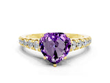 Yellow gold Heart Cut Amethyst Solitaire Ring with Cathedral Setting and Pavé Band