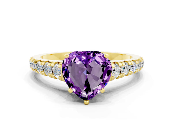 Yellow gold Heart Cut Amethyst Cathedral Solitaire Ring with Round  Pavé Band