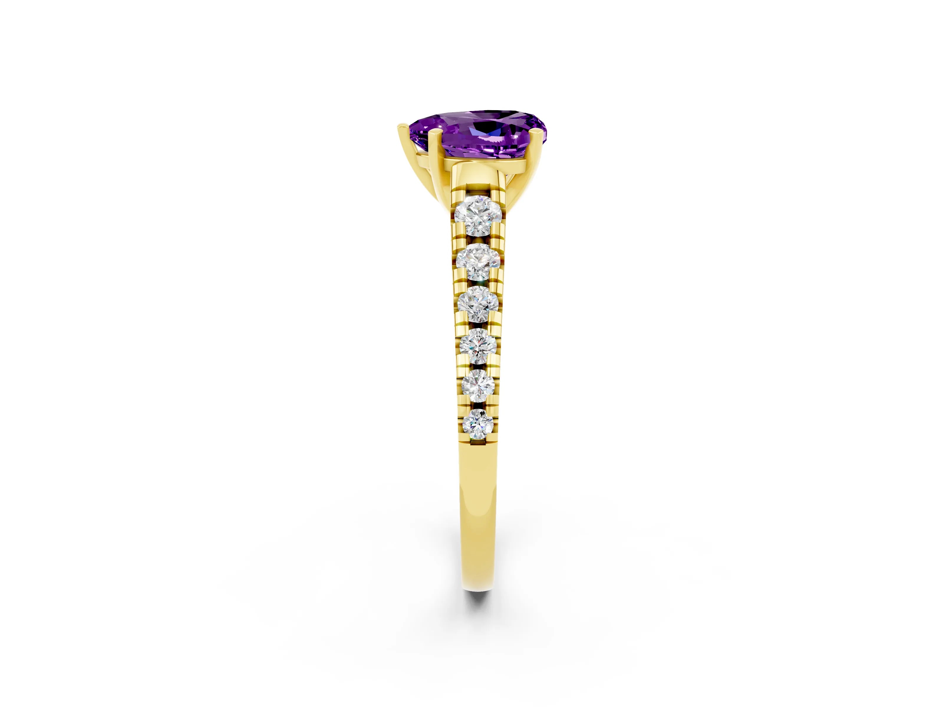 Yellow gold Heart Cut Amethyst Solitaire Ring with Cathedral Setting and Pavé Band_2