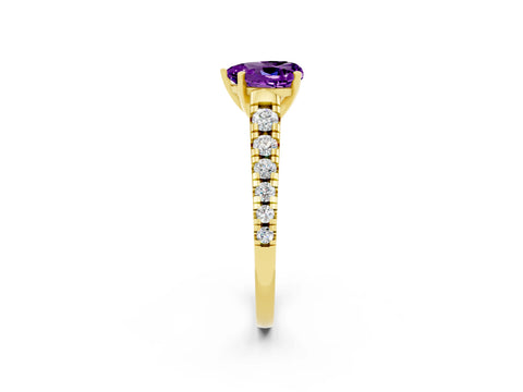 Yellow gold Heart Cut Amethyst Solitaire Ring with Cathedral Setting and Pavé Band_2