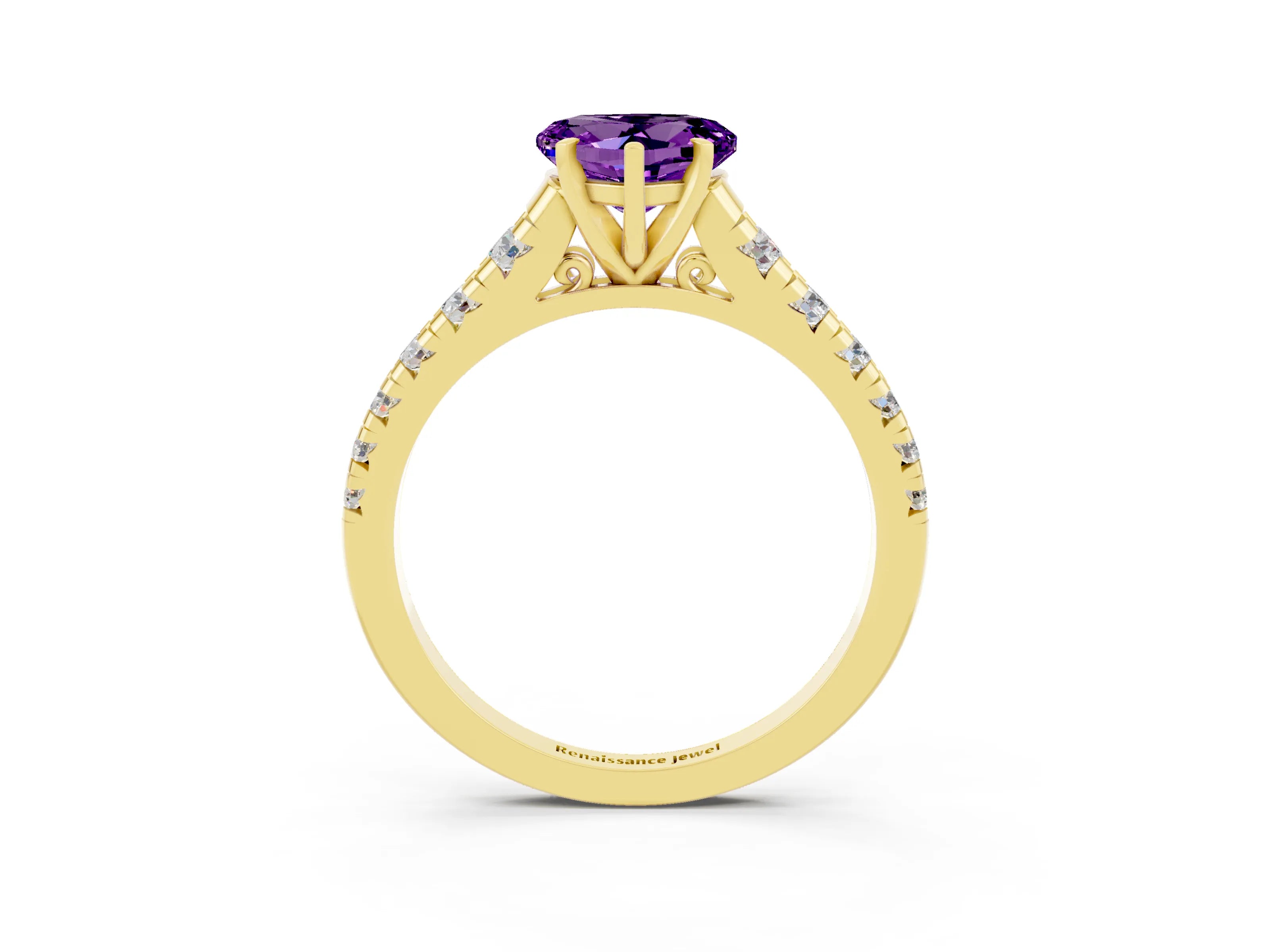 Yellow gold Heart Cut Amethyst Solitaire Ring with Cathedral Setting and Pavé Band_3
