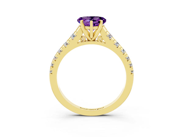 Yellow gold Heart Cut Amethyst Cathedral Solitaire Ring with Round  Pavé Band