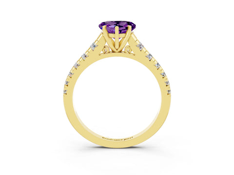Yellow gold Heart Cut Amethyst Solitaire Ring with Cathedral Setting and Pavé Band_3