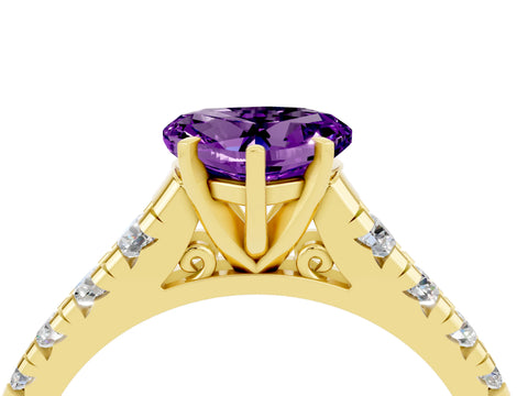 Yellow gold Heart Cut Amethyst Solitaire Ring with Cathedral Setting and Pavé Band_4