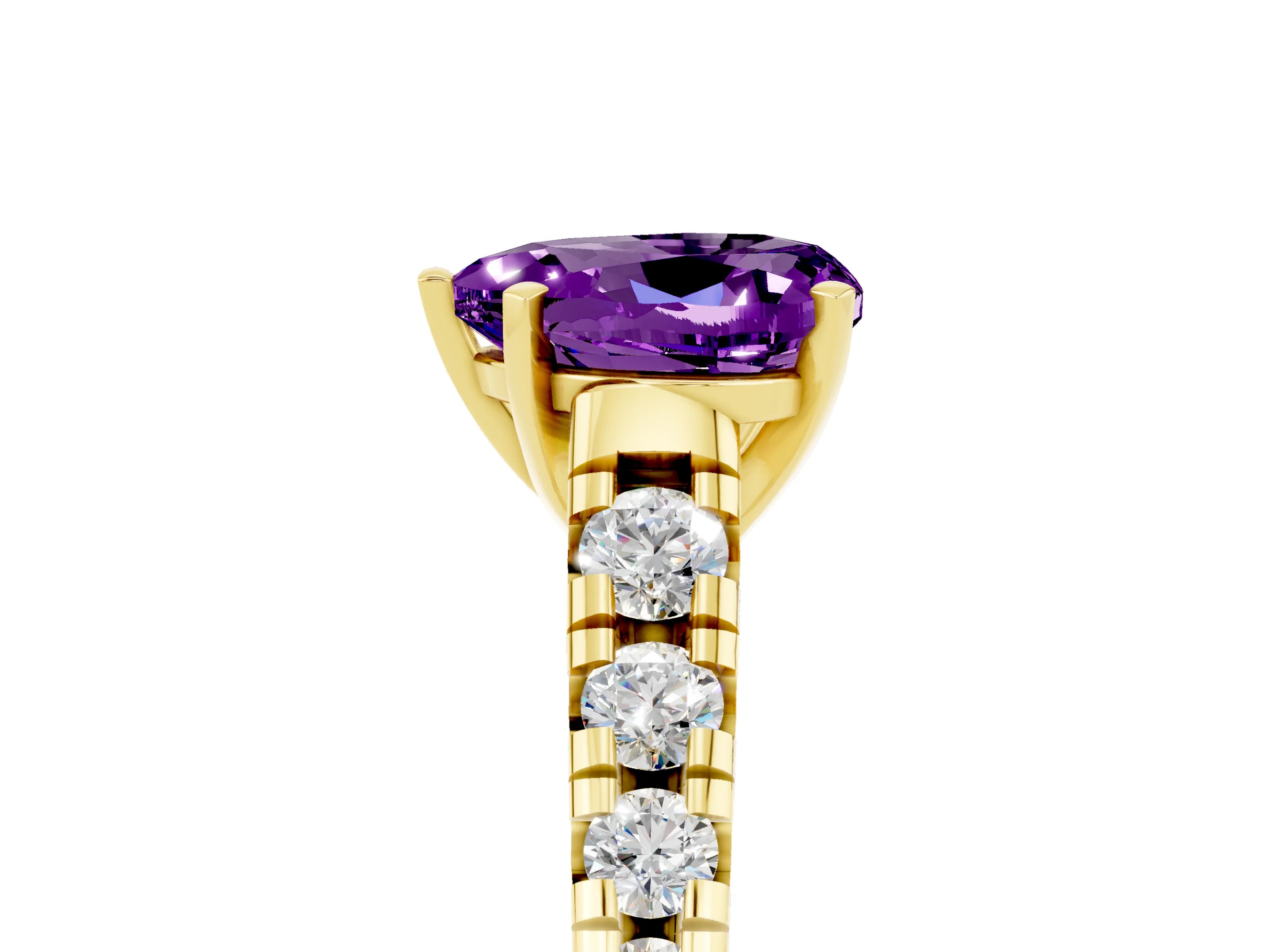Yellow gold Heart Cut Amethyst Solitaire Ring with Cathedral Setting and Pavé Band_5