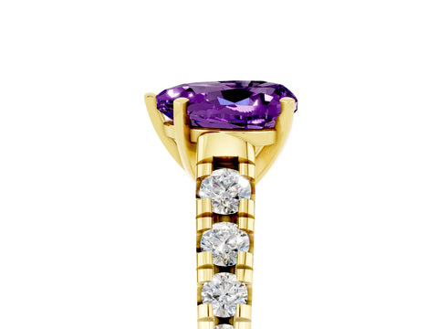 Yellow gold Heart Cut Amethyst Solitaire Ring with Cathedral Setting and Pavé Band_5