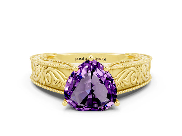 Yellow gold Heart Cut Amethyst Solitaire Ring with Engraved Band and Four-Prong Setting
