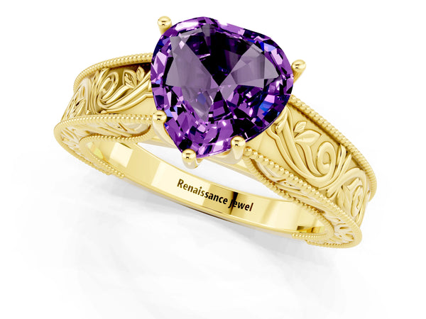 Yellow gold Heart Cut Amethyst Solitaire Ring with Engraved Band and Four-Prong Setting