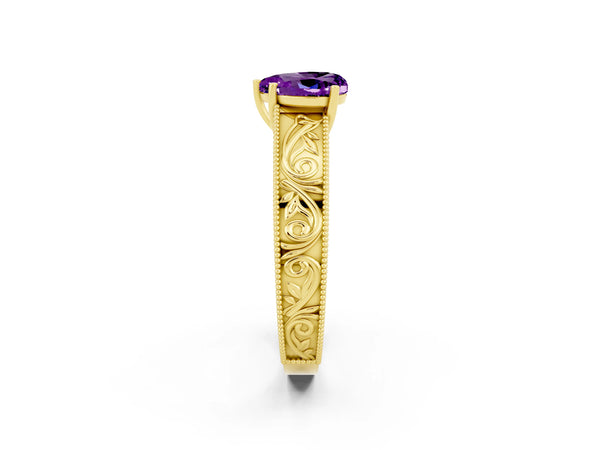 Yellow gold Heart Cut Amethyst Solitaire Ring with Engraved Band and Four-Prong Setting